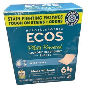 Ecos Eco-Friendly Laundry Detergent Sheets Hypoallergenic Plant-Powered 64 Count